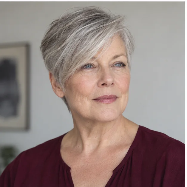 Woman with fine hair in a long pixie with side-swept bangs