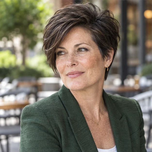 Woman with thick dark hair wearing a long pixie with tapered sides