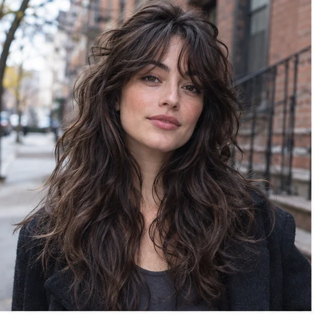 Woman with a long shag and split bangs