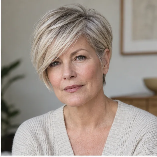 Woman over 60 wearing a long silver pixie with side-swept fringe