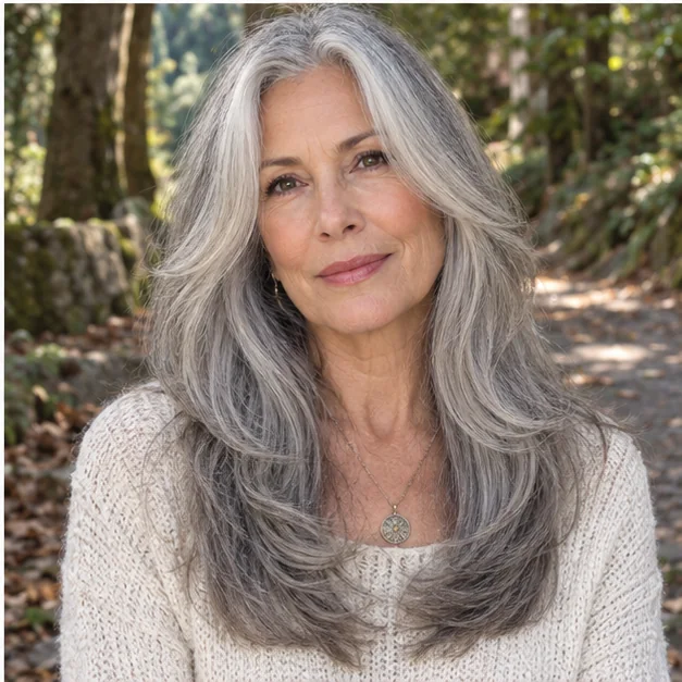 Woman with long silver hair and U-shaped layers
