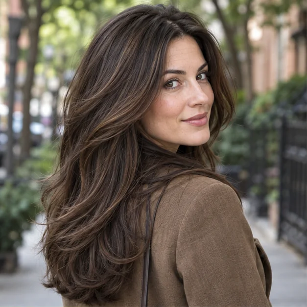 Woman with long thick brunette hair cut in flowing U-shaped layers