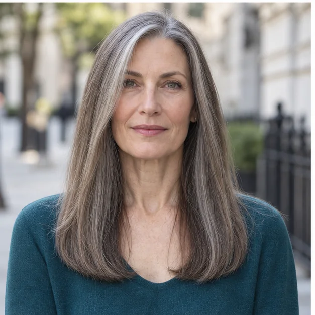 Woman with long fine hair and a full U-shaped perimeter