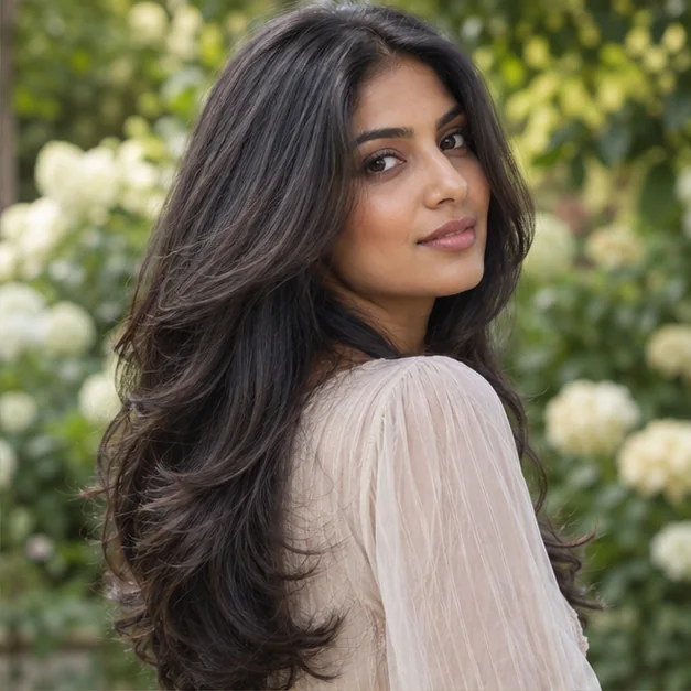 Woman with very long thick dark hair wearing a V-shaped layered cut