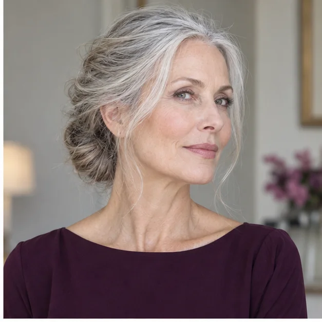 Woman with fine hair arranged in a loose low chignon