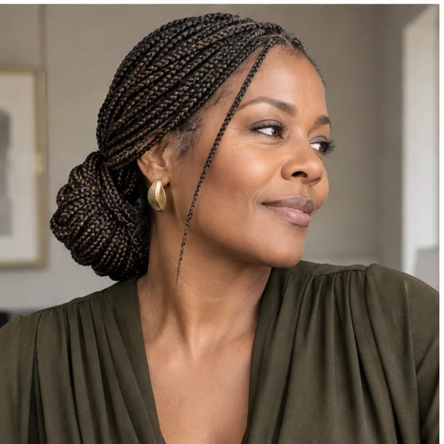 Black woman with knotless braids arranged in a low bun
