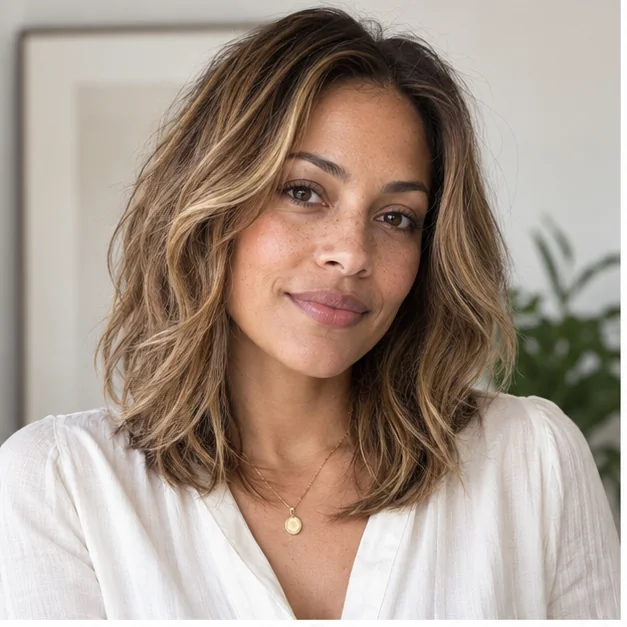 Woman with thin naturally wavy hair wearing an air dried modern Rachel