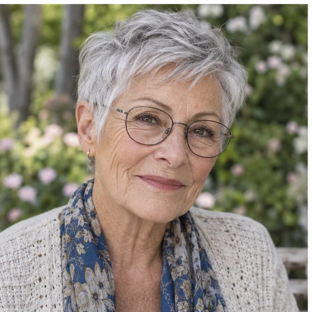 Woman in small glasses with a low-maintenance classic pixie