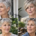 Collage of four women over 60 wearing distinct low-maintenance short haircuts