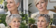 Collage of four women over 60 wearing distinct low-maintenance short haircuts