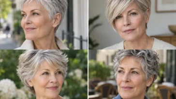 Collage of four women over 60 wearing distinct low-maintenance short haircuts