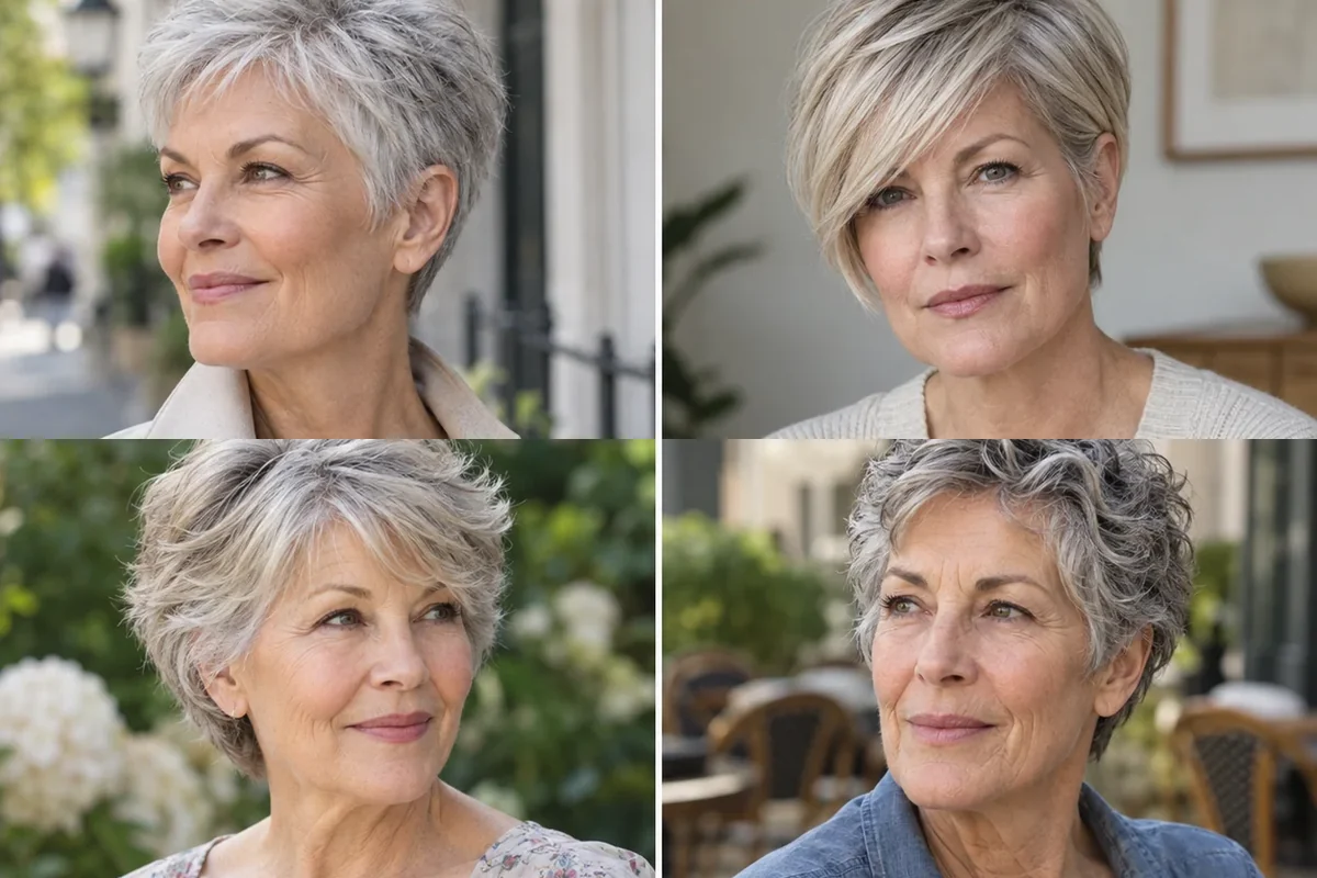 Collage of four women over 60 wearing distinct low-maintenance short haircuts