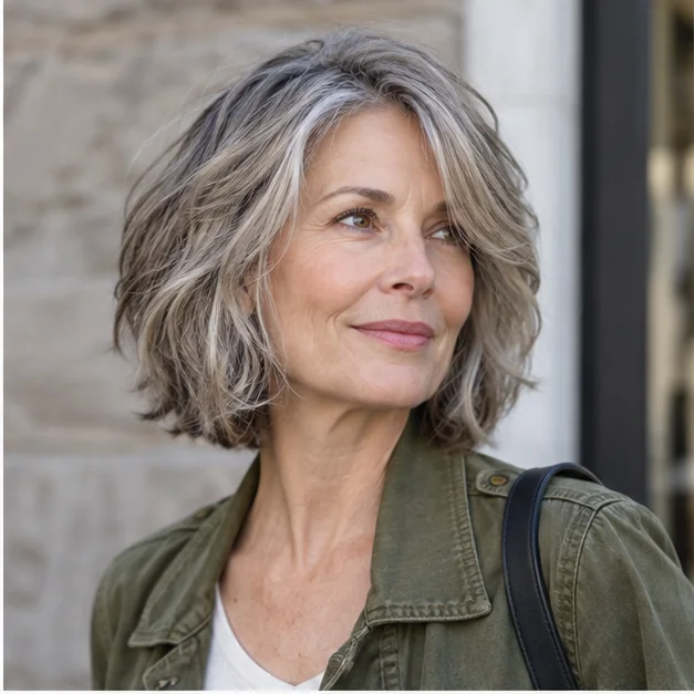 Woman over 50 with a low-maintenance tousled layered bob