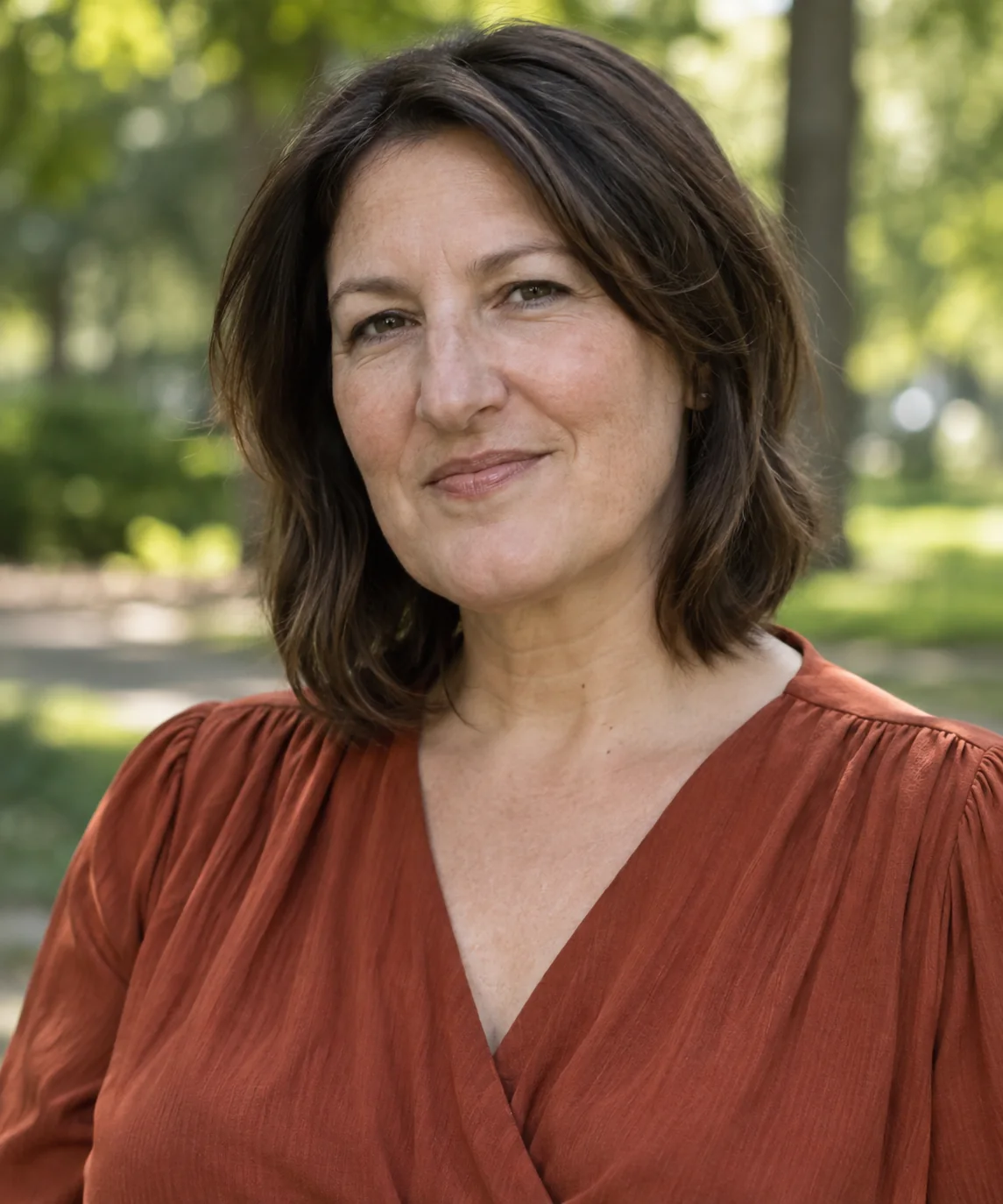 Woman with tuckable below-jaw face-framing layers
