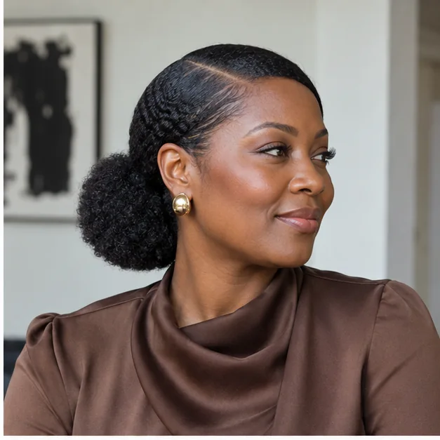 Black woman wearing a sleek side-parted low natural puff