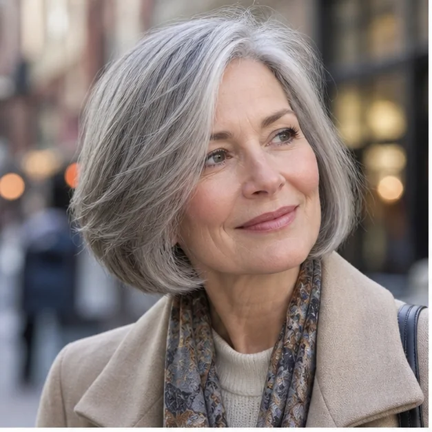 Woman over 60 with a softly stacked rounded gray bob