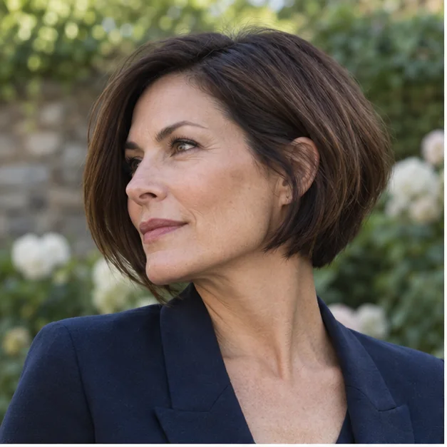 Woman with a softly low-stacked bob for thin hair