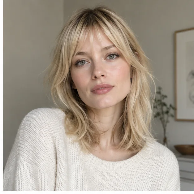 Woman with medium layered hair and airy wispy bangs