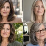 Collage of four women over 50 wearing distinct medium-length hairstyles