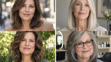 Collage of four women over 50 wearing distinct medium-length hairstyles
