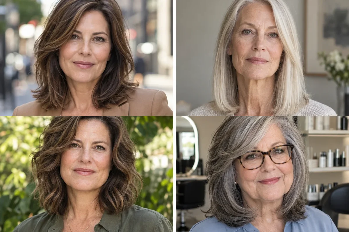 Collage of four women over 50 wearing distinct medium-length hairstyles