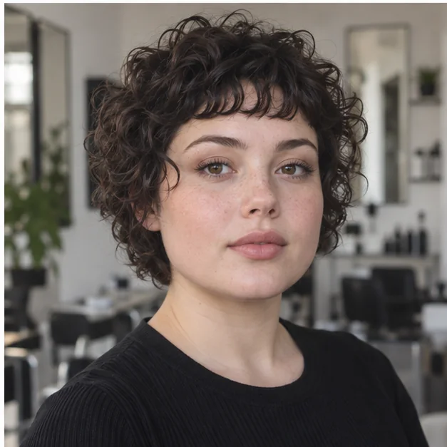 Woman with a cropped curly haircut and short micro bangs