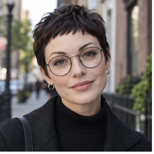 Woman wearing round glasses with a dark pixie and micro bangs