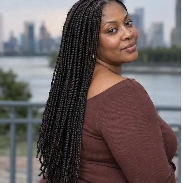 Black woman with mid-back knotless braids