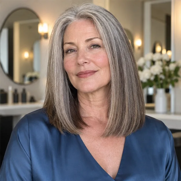 Woman with thick straight chestnut hair wearing a sleek midi cut