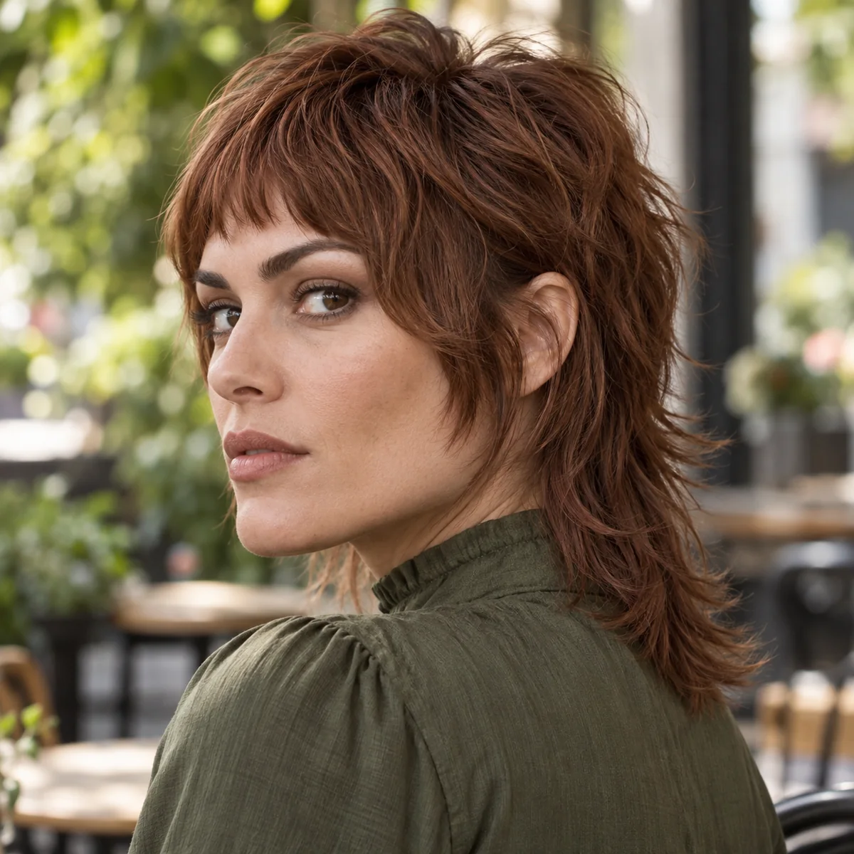 Woman with a modern mullet and bottleneck bangs