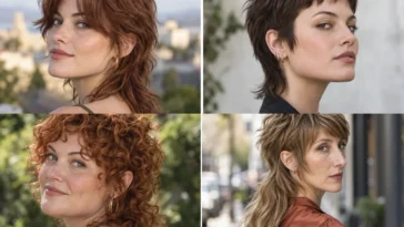 Four women wearing soft, curly, short and long modern mullet haircuts