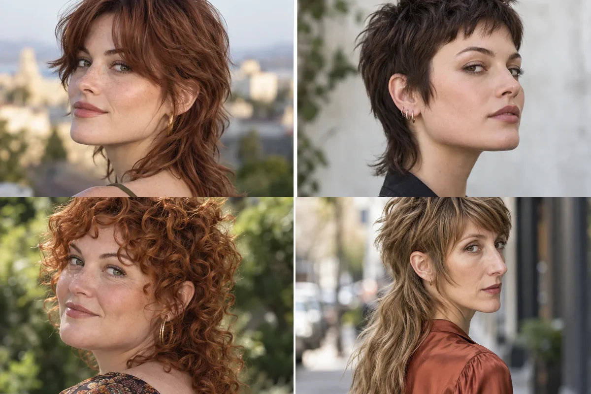 Four women wearing soft, curly, short and long modern mullet haircuts