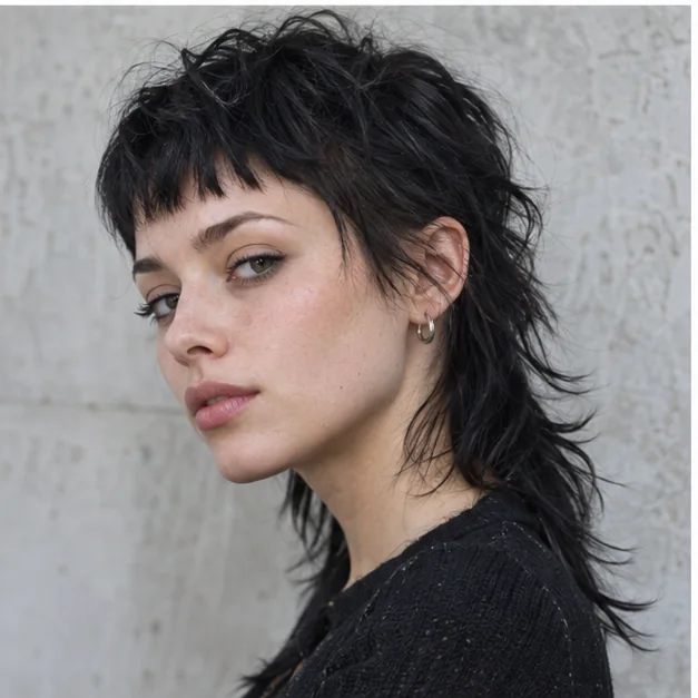 Woman with a modern mullet and short micro bangs