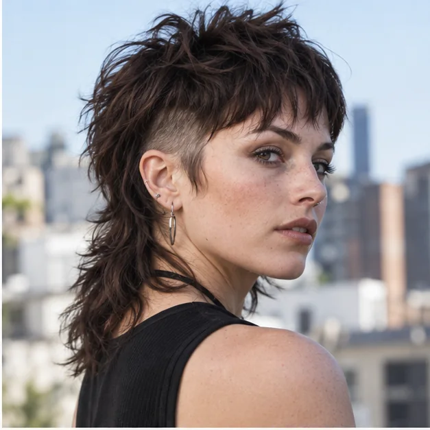 Woman with a modern mullet and narrow shaved temples