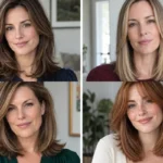 Four women wearing density-conscious modern Rachel haircuts for thin hair