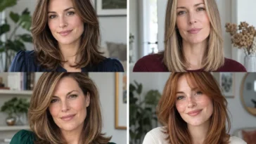 Four women wearing density-conscious modern Rachel haircuts for thin hair