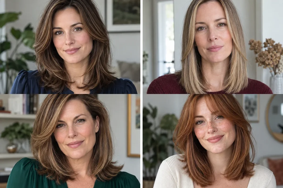 Four women wearing density-conscious modern Rachel haircuts for thin hair