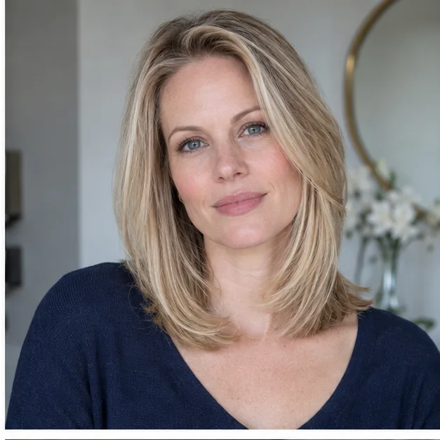 Woman with thin highlighted hair in a modern Rachel haircut
