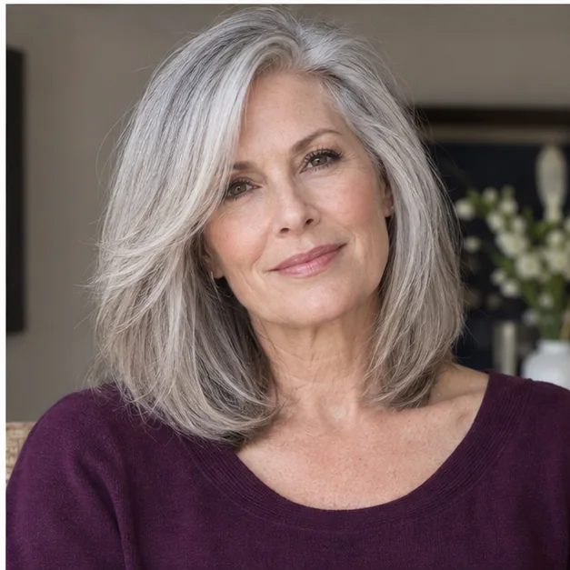 Woman over 50 with thin hair wearing a soft modern Rachel haircut