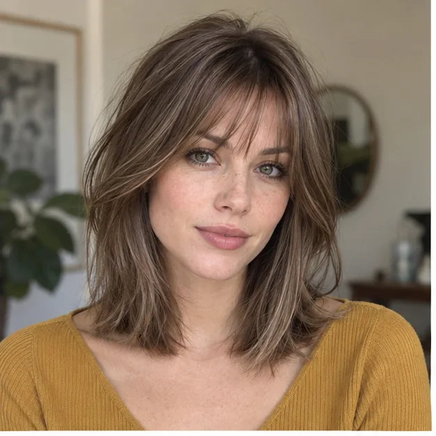 Woman with thin hair in a modern Rachel with wispy bangs