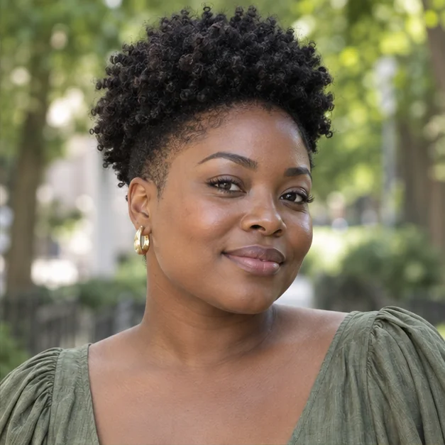 Black woman with dense coily hair wearing a softly tapered rounded shape