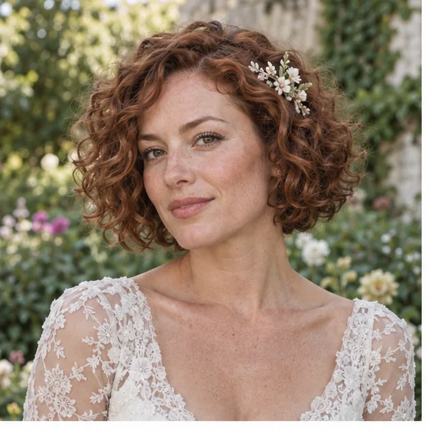 Bride with a rounded natural curly bob and small floral comb