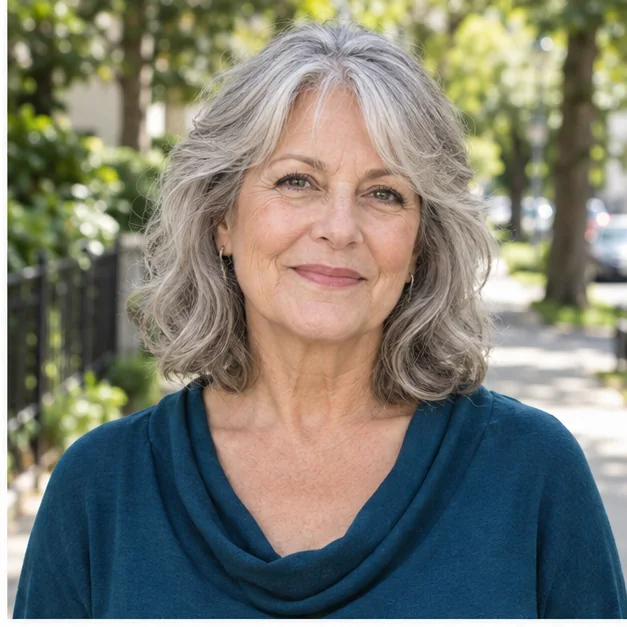 Woman with natural gray shoulder length waves and feathered bangs