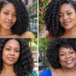 Four Black women wearing a wash-and-go, high puff, twist-out and elegant natural updo