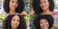 Four Black women wearing a wash-and-go, high puff, twist-out and elegant natural updo