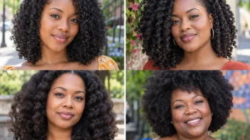 Four Black women wearing a wash-and-go, high puff, twist-out and elegant natural updo