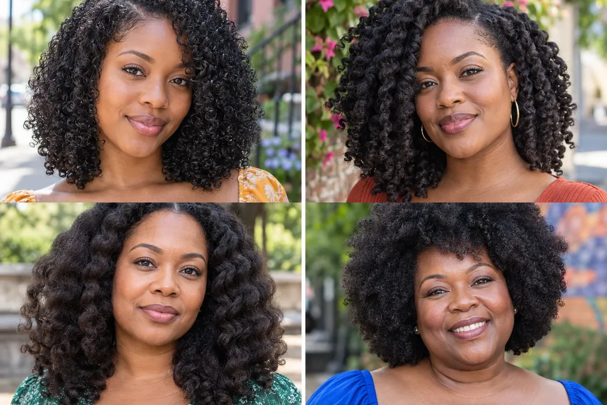 Four Black women wearing a wash-and-go, high puff, twist-out and elegant natural updo