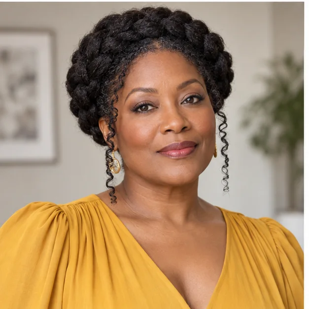 Black woman wearing a natural halo braid with soft ear coils