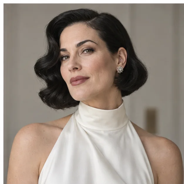 Bride with a sculpted Old Hollywood wave on a dark bob