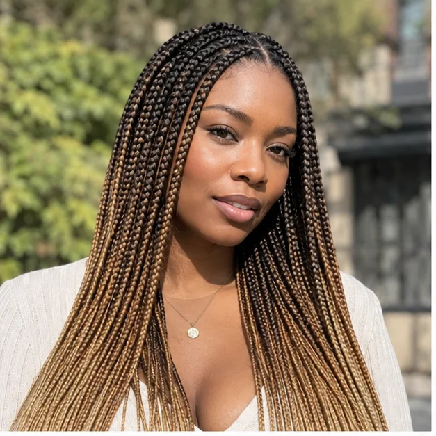 Black woman with dark-to-caramel ombre knotless braids